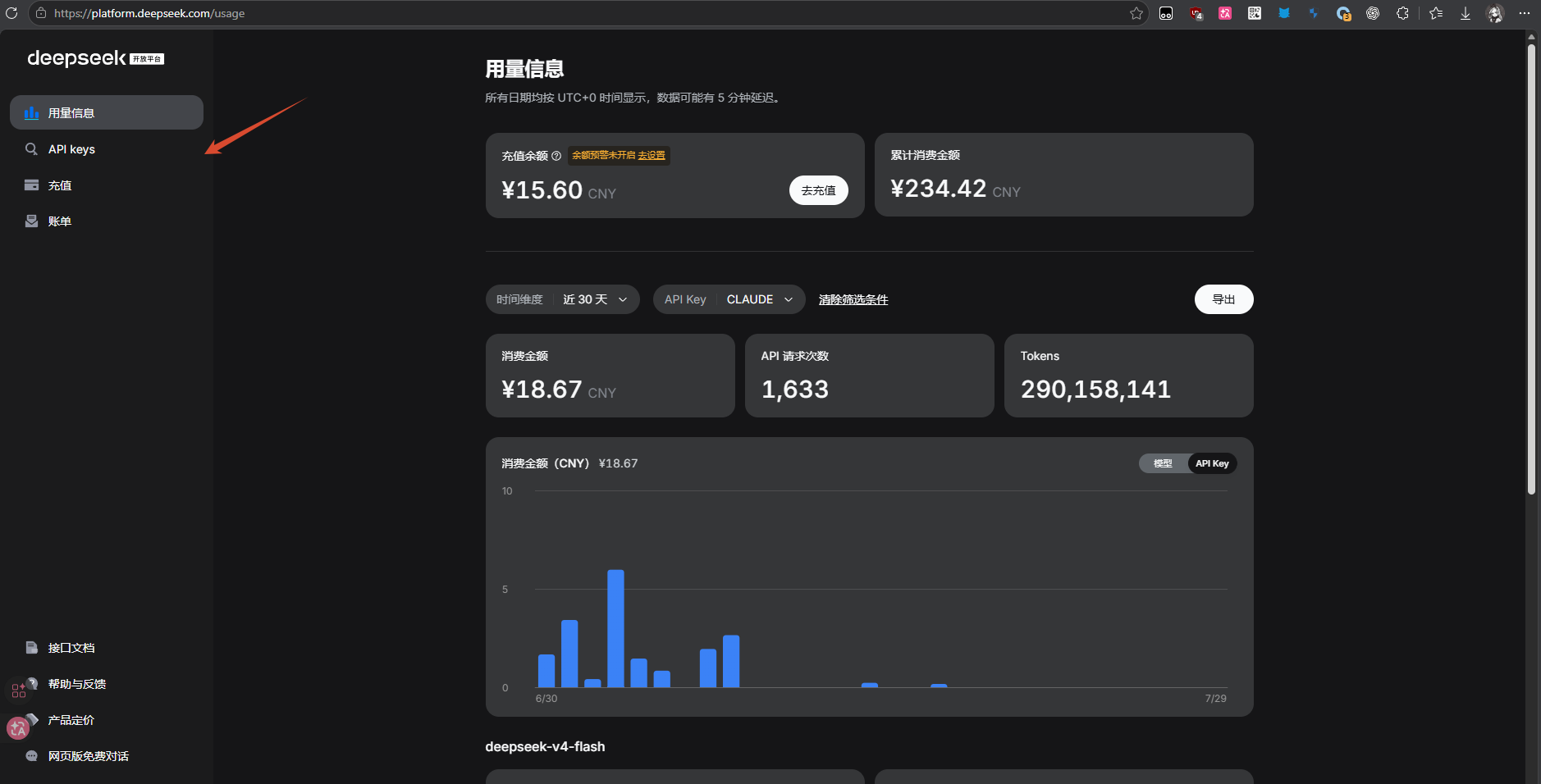 DeepSeek 开放平台用量页面